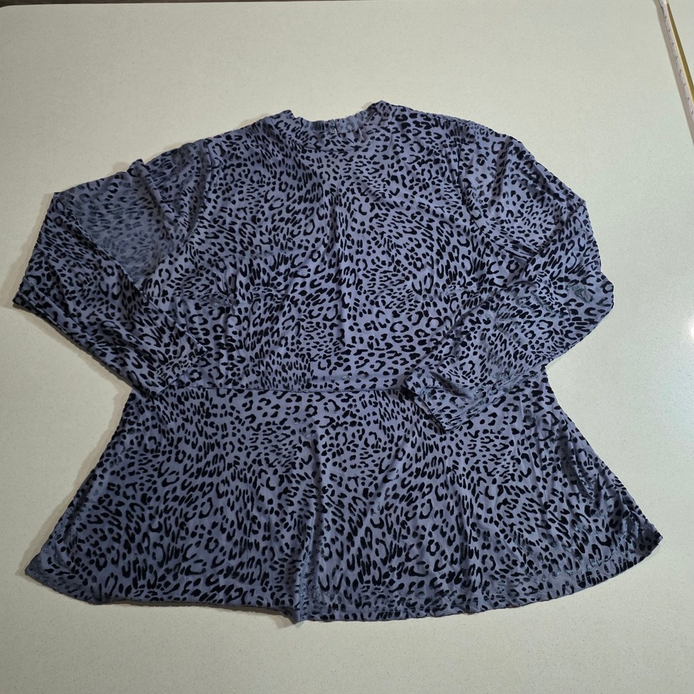 Grey Leopard Print Peplum Top Long Sleeve Mock Neck Burnout Velvet XL